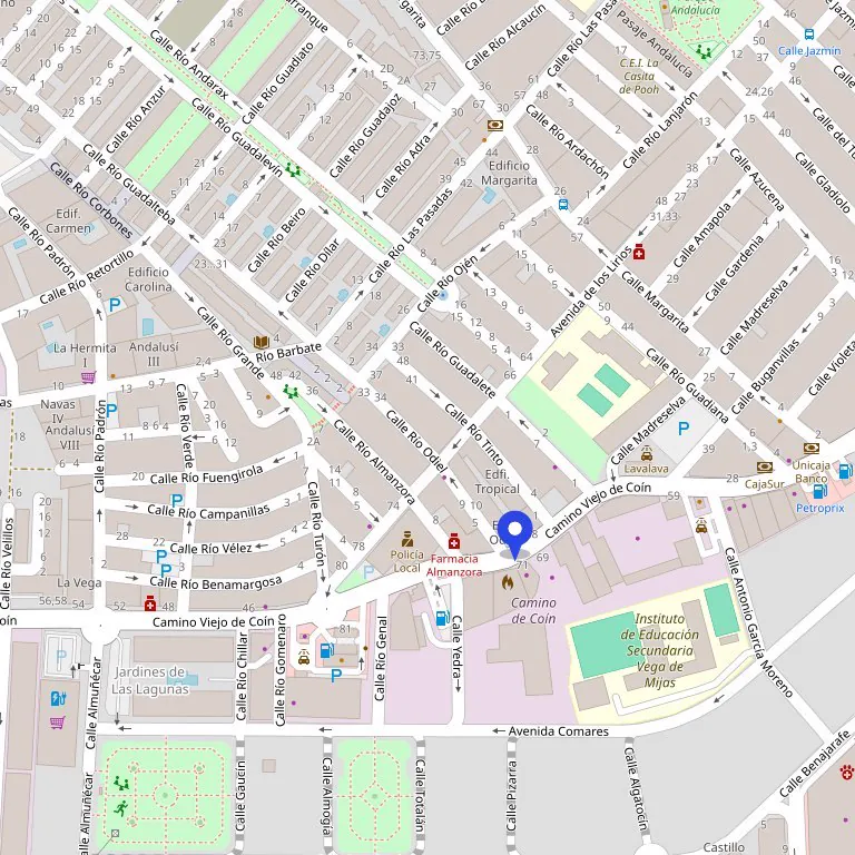 Plano de Las Lagunas de Mijas con la tienda marcada en Camino Viejo de Coín